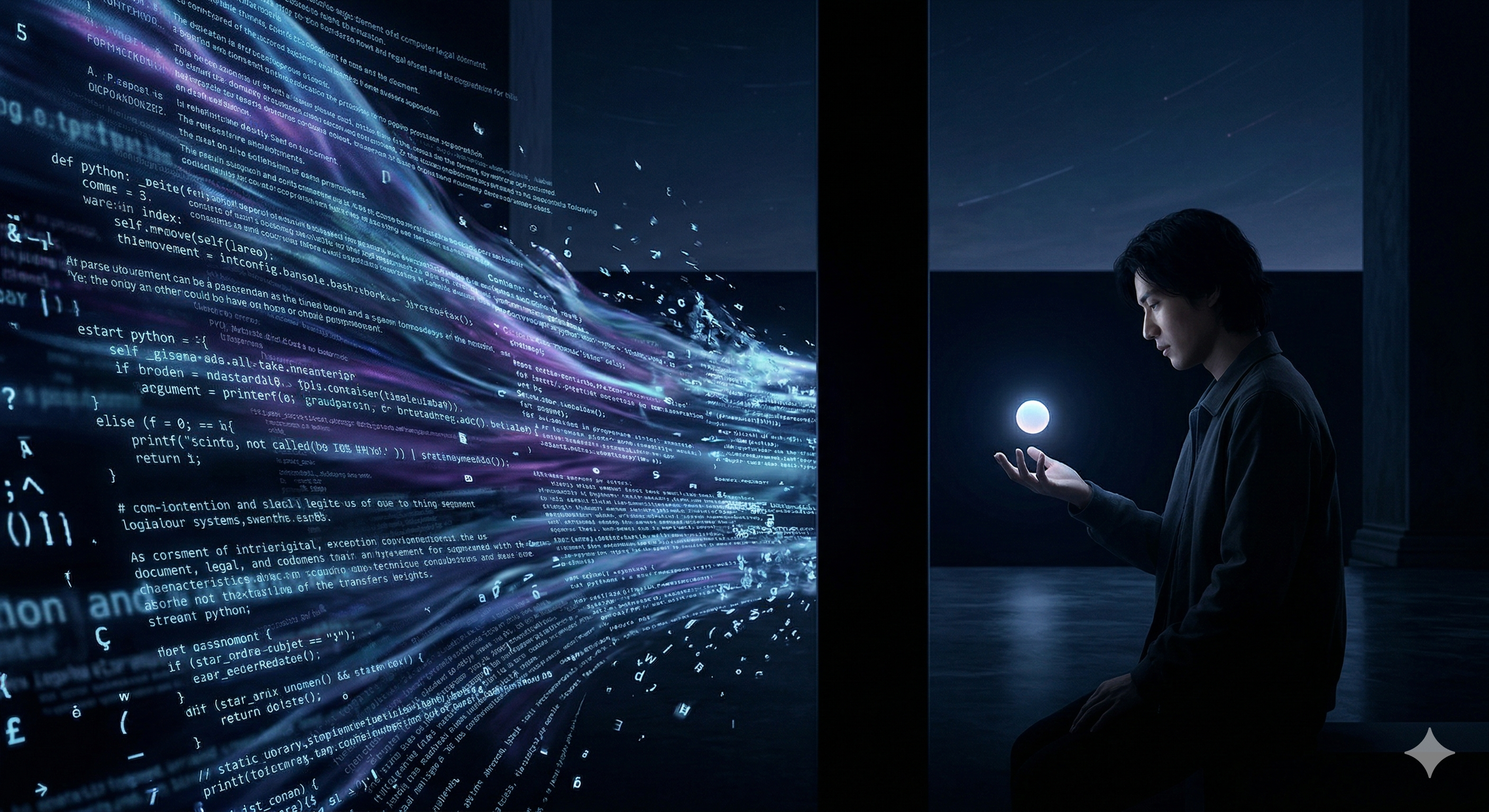 A person holds a single glowing orb while a vast torrent of code and documents streams past — the contrast between what we produce and what we absorb